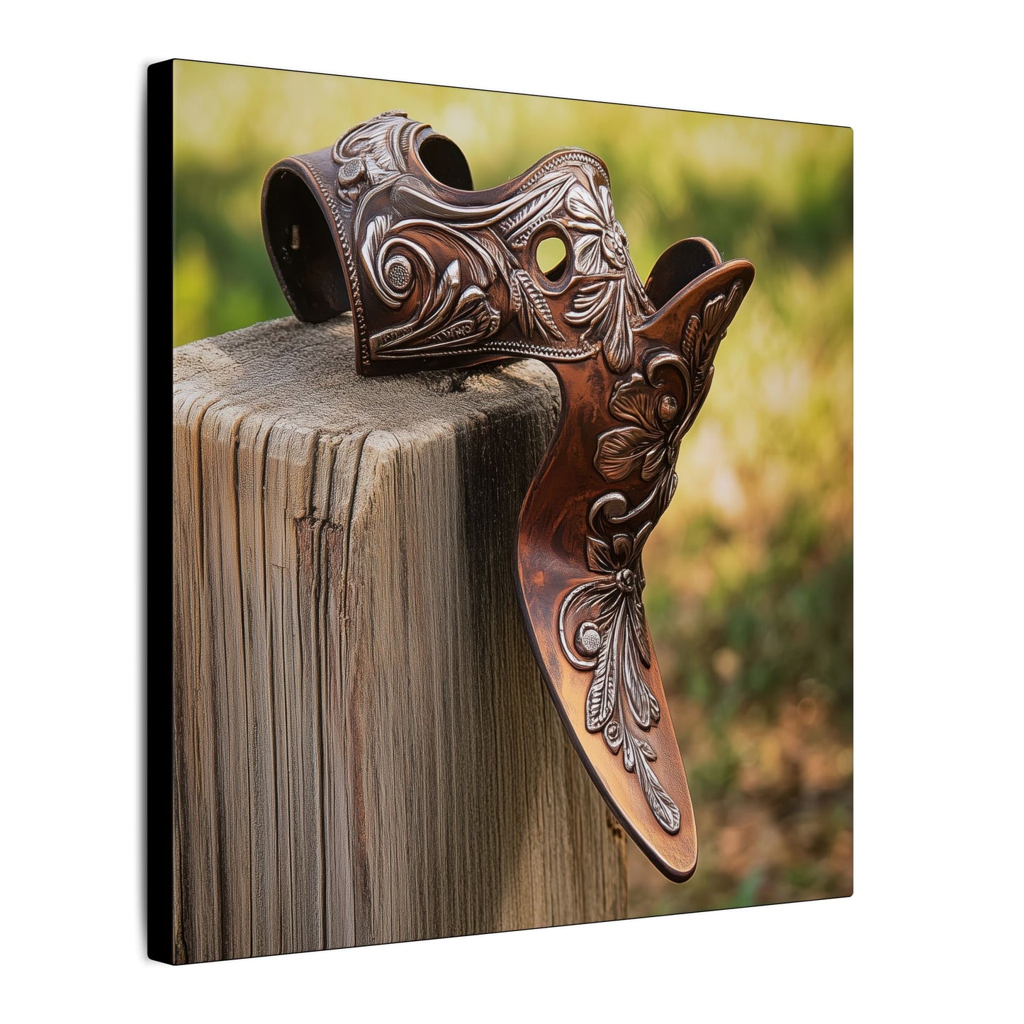 Side view. Canvas print of a close-up Western spur with floral engravings resting on a weathered fence post, captured in warm natural light.