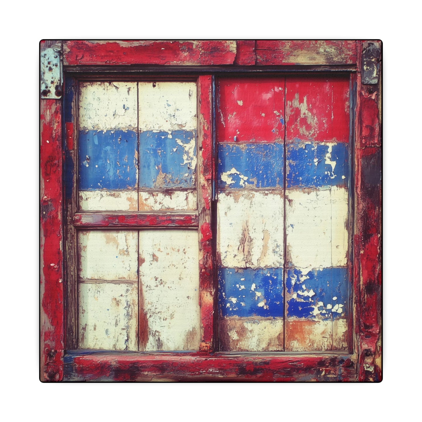 Canvas texture. Weathered wooden window with red, white, and blue peeling paint in a rustic Western Americana style.