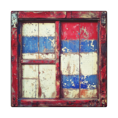 Canvas texture. Weathered wooden window with red, white, and blue peeling paint in a rustic Western Americana style.