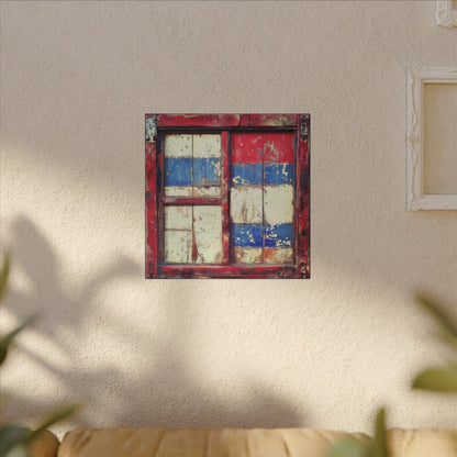 Alternate room view. Weathered wooden window with red, white, and blue peeling paint in a rustic Western Americana style.