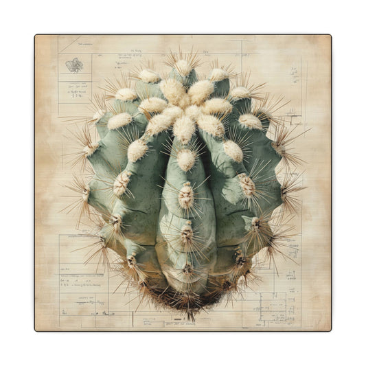 Canvas texture. Canvas print showcasing a detailed Ariocarpus cactus, centered over a hand-drawn botanical blueprint that merges desert textures with scientific precision.