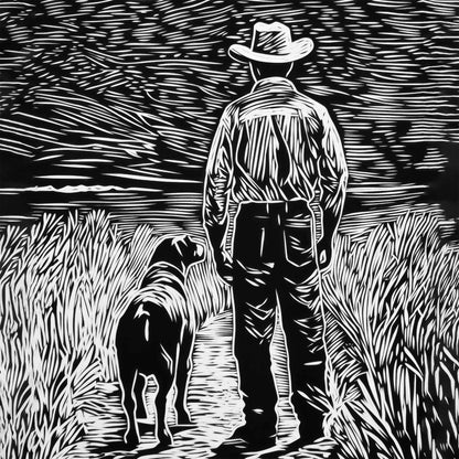 Canvas print in linocut style showing a cowboy and his dog standing side by side on a country path, gazing toward the horizon in black and white.