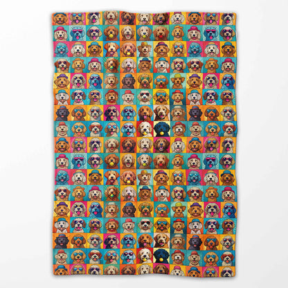 Doodle Mood Sherpa Blanket – A Joyful Patchwork of Doodle Dog Expressions
