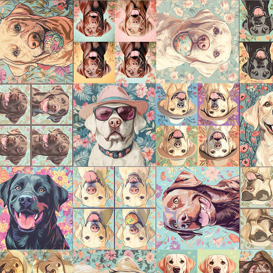 Pastel Labrador Retriever blanket with floral backgrounds and playful dog faces