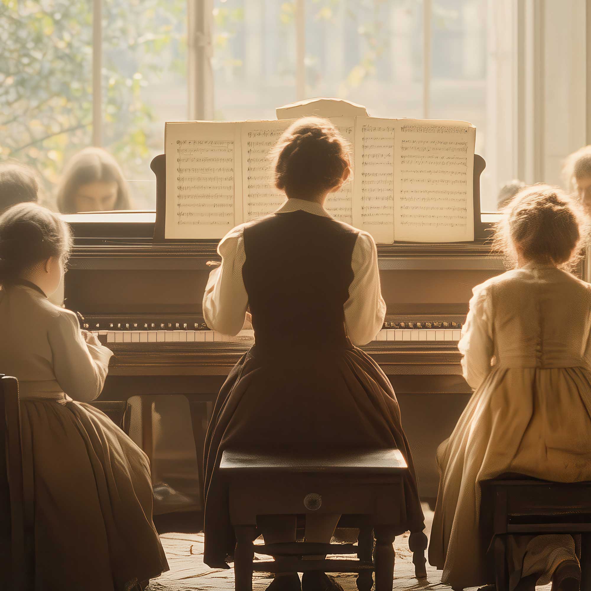 Old West scene with woman playing piano in warm natural light, reimagined Texas setting