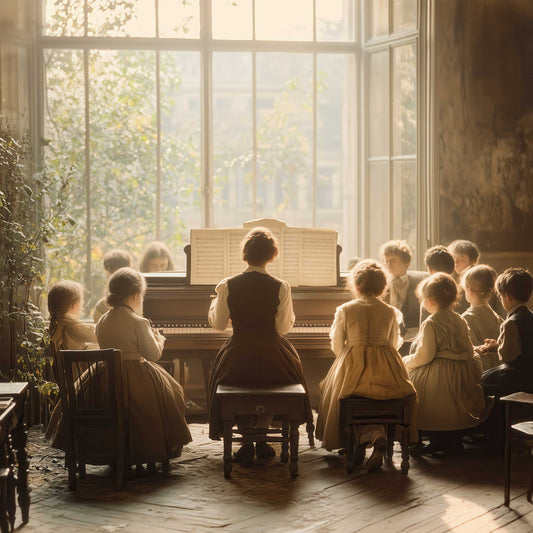 Vintage canvas print of a teacher playing piano for children in a sunlit classroom. A warm, timeless moment filled with music, light, and learning.