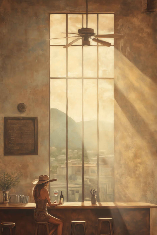 Canvas print of a woman in a sunhat enjoying a glass of wine at a rustic café window, with golden sunlight streaming in and a Western town view beyond.