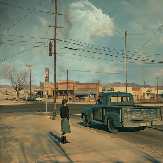 Canvas print of a woman standing on a sidewalk beside a vintage green pickup truck in a quiet Western town, with wide skies and distant mountains.
