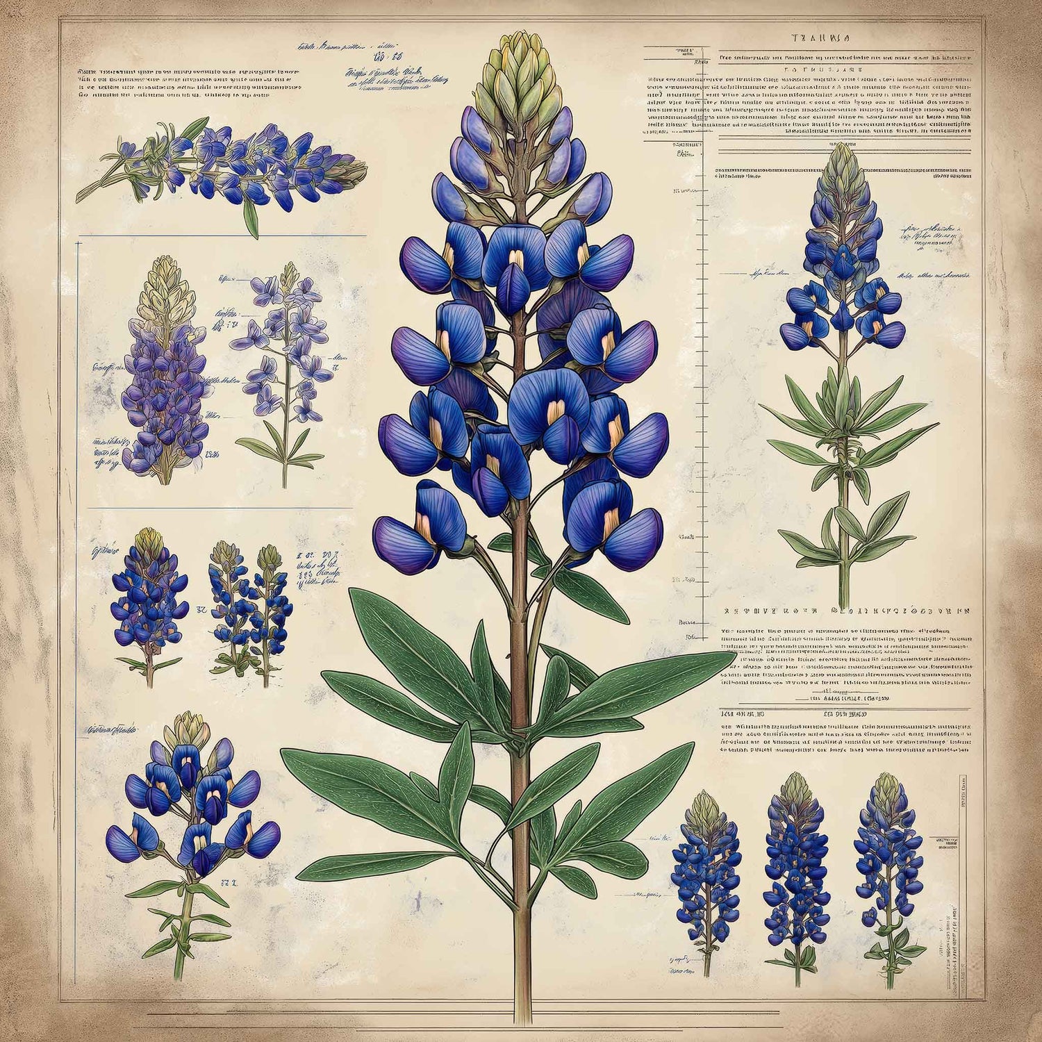 Vintage botanical illustration of a Texas bluebonnet flower on canvas, showing detailed sketches and scientific notes in soft parchment tones.