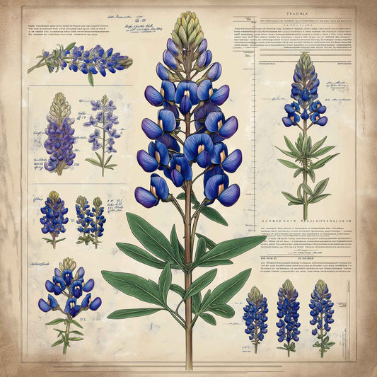 Vintage botanical illustration of a Texas bluebonnet flower on canvas, showing detailed sketches and scientific notes in soft parchment tones.