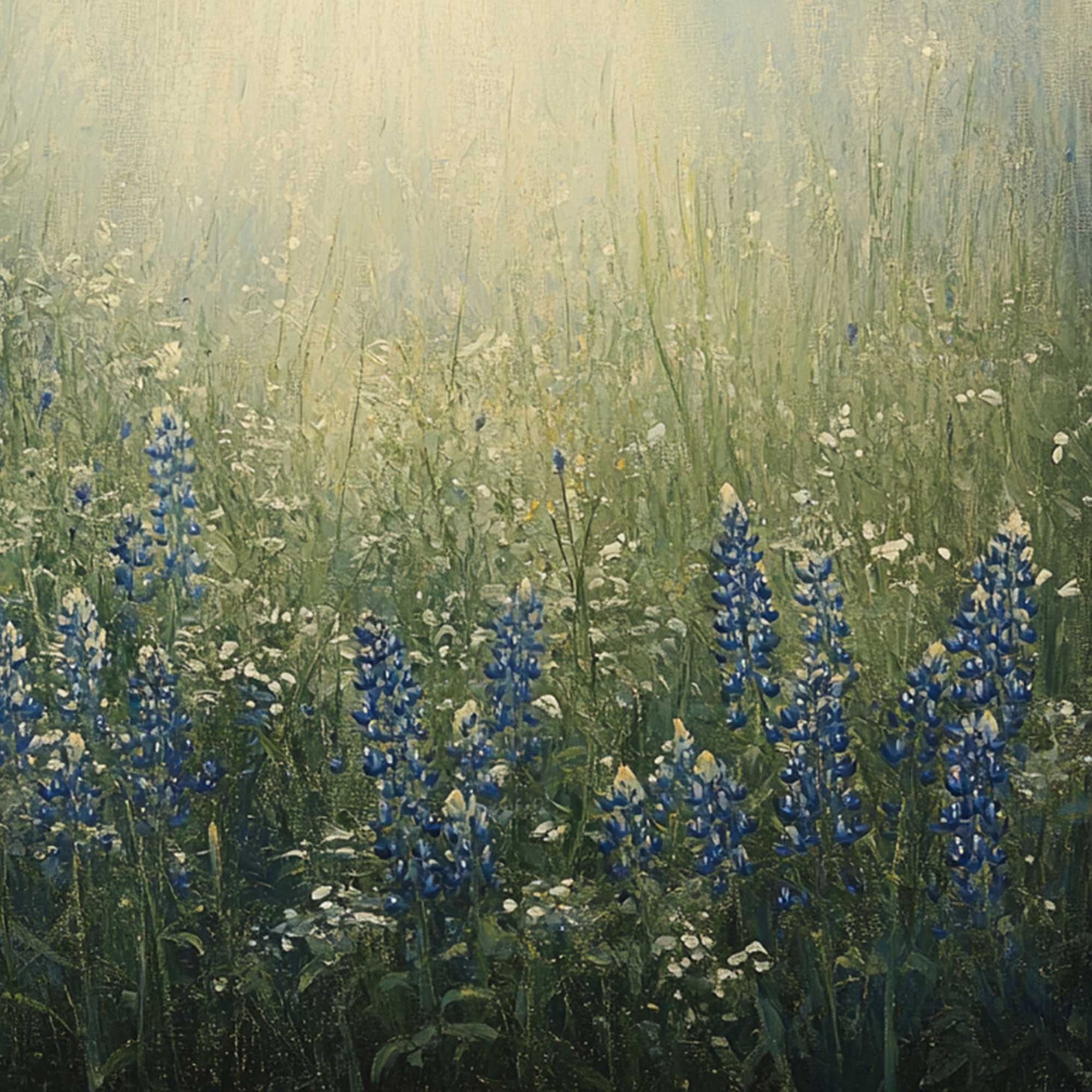 Texas bluebonnets in soft morning light, fine art landscape photography.