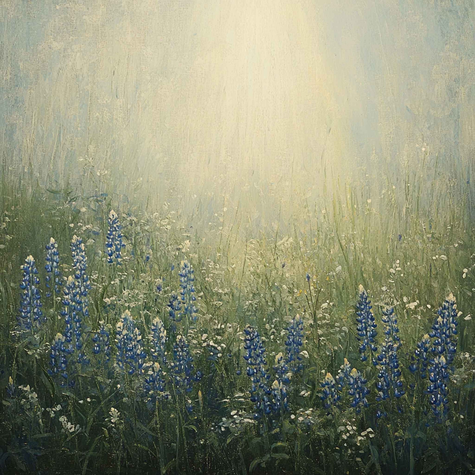 Canvas print of a sunlit Texas meadow filled with blooming bluebonnets and wildflowers, softly painted in golden morning light.