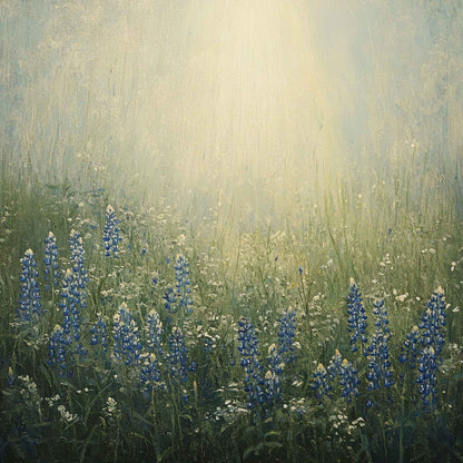 Canvas print of a sunlit Texas meadow filled with blooming bluebonnets and wildflowers, softly painted in golden morning light.