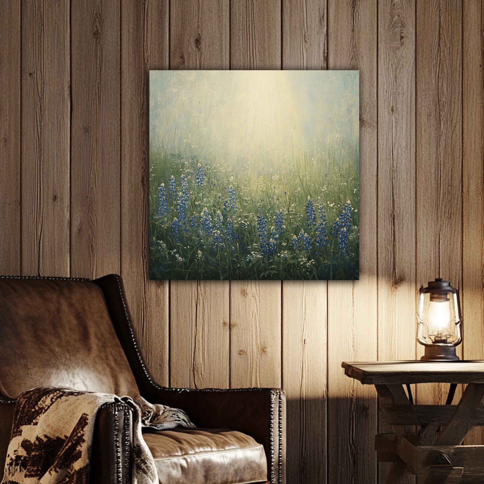 Room view. Canvas print of a sunlit Texas meadow filled with blooming bluebonnets and wildflowers, softly painted in golden morning light.