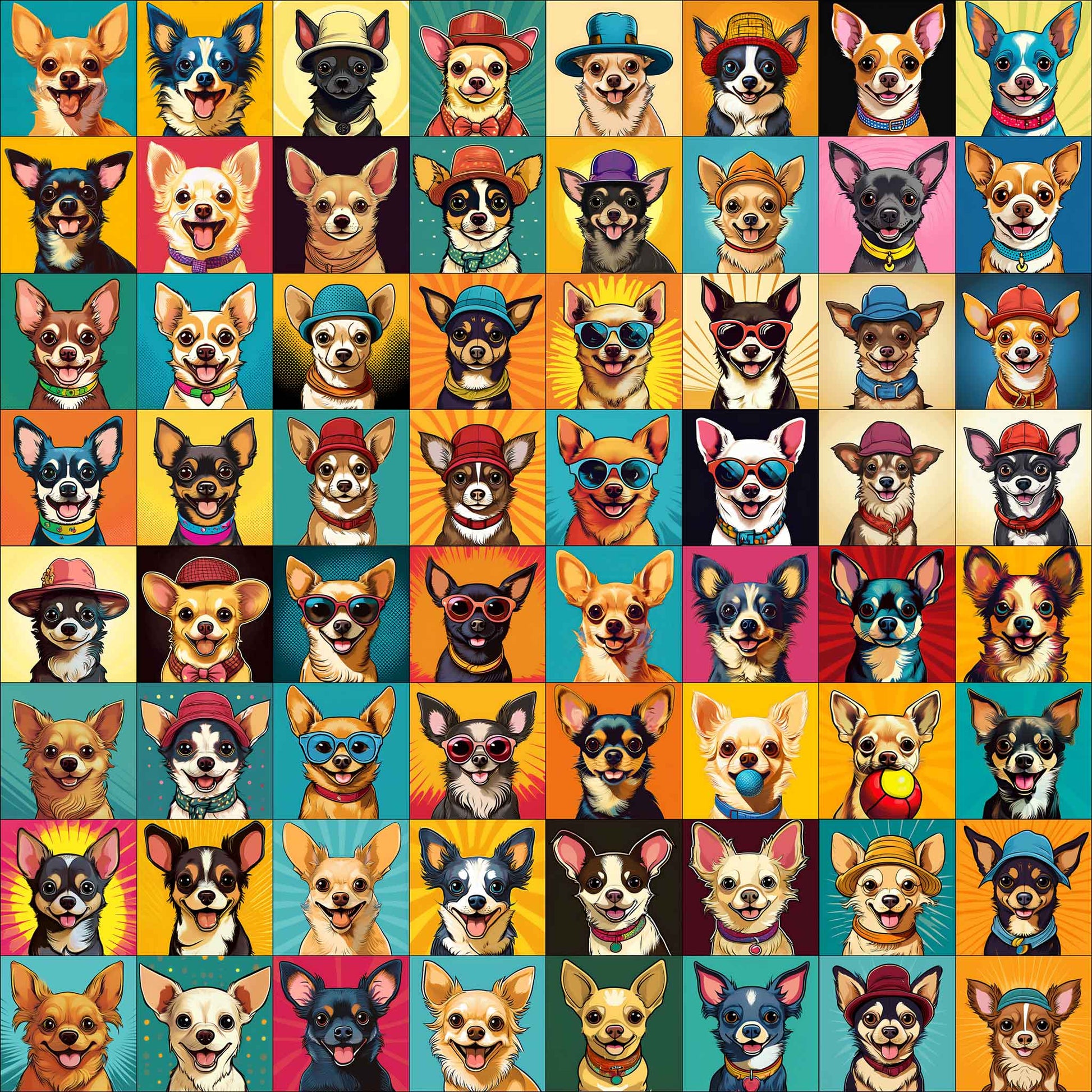 Close up of Chihuahua blanket with colorful illustrated portraits and bold backgrounds