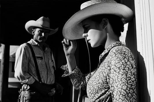 Black and white canvas print of a cowgirl tipping her hat as a cowboy looks on from the shadows, evoking mystery and classic Western emotion.