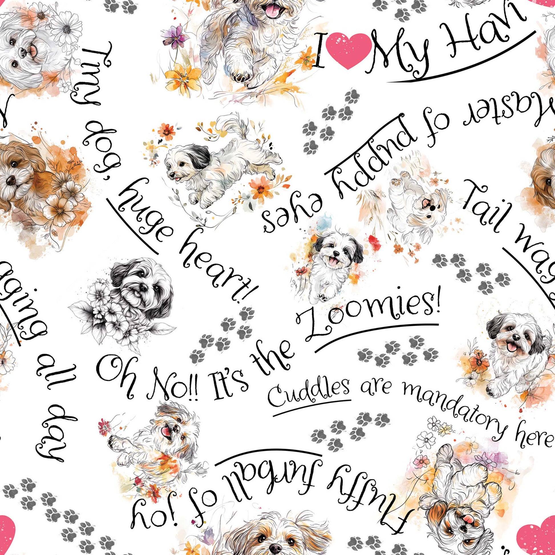 Cozy minky blanket featuring playful Havanese puppies and paw print accents