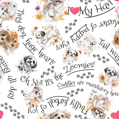 Cozy minky blanket featuring playful Havanese puppies and paw print accents