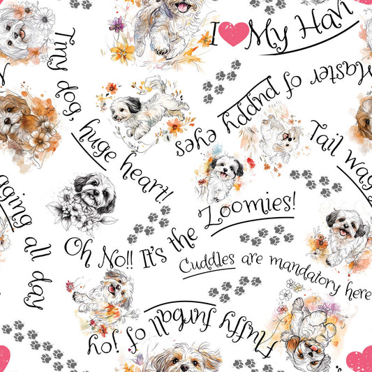 Cozy minky blanket featuring playful Havanese puppies and paw print accents