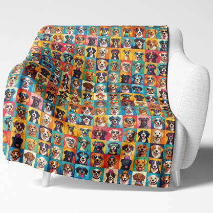 Shown on chair. Mixed-breed dog blanket with illustrated smiling pups in patchwork style