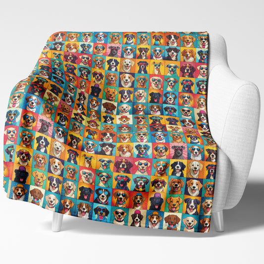 Shown on chair. Mixed-breed dog blanket with illustrated smiling pups in patchwork style