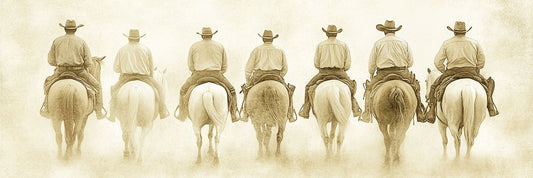 Sepia-toned art print featuring seven cowboys on horseback riding away in unison through a dusty Western town.
