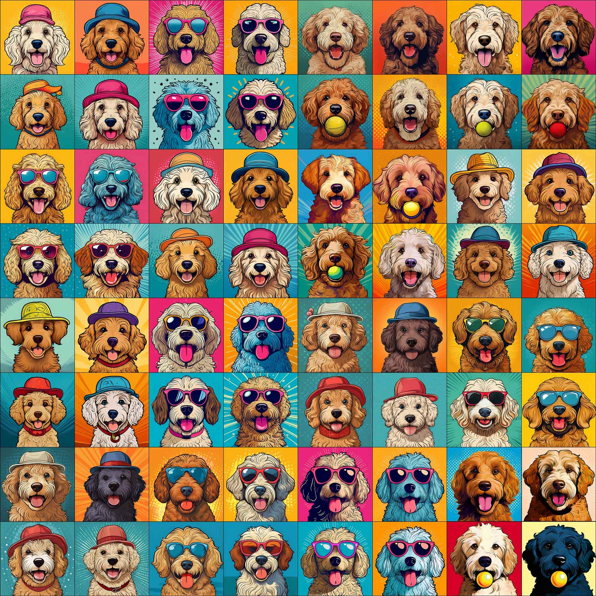 Close up of a olorful sherpa blanket with doodle dog illustrations wearing sunglasses, hats, and tennis balls – exclusive from Nature of Texas