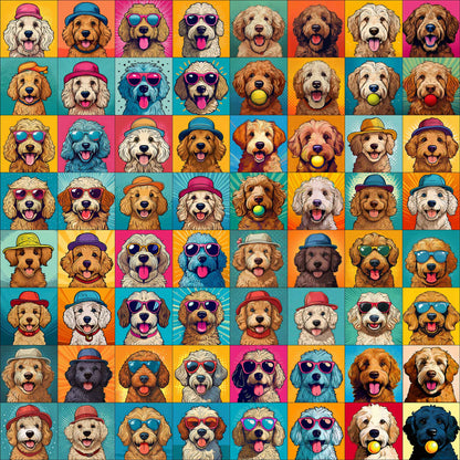 Close up of a olorful sherpa blanket with doodle dog illustrations wearing sunglasses, hats, and tennis balls – exclusive from Nature of Texas