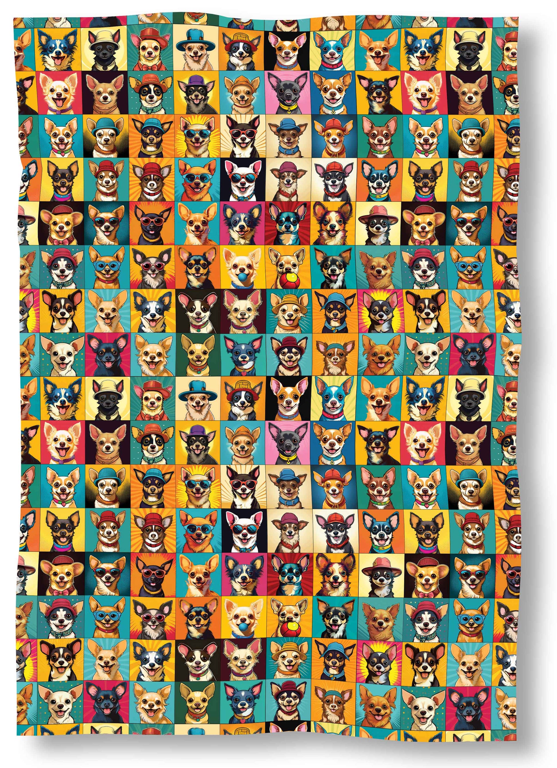 Pop-art style Chihuahua dog faces wearing hats and glasses on cozy Sherpa blanket
