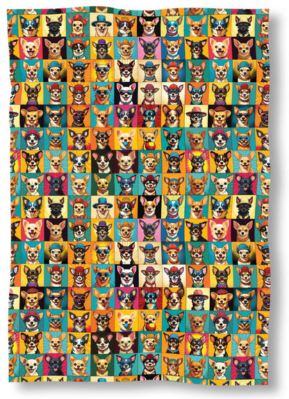 Pop-art style Chihuahua dog faces wearing hats and glasses on cozy Sherpa blanket