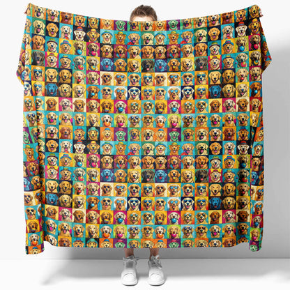 Pop-art style Golden Retrievers with sunglasses, hats, and balls on a cozy fleece throw
