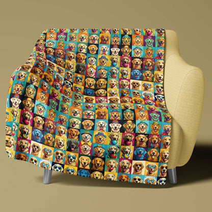 Shown on chair. Pop-art style Golden Retrievers with sunglasses, hats, and balls on a cozy fleece throw