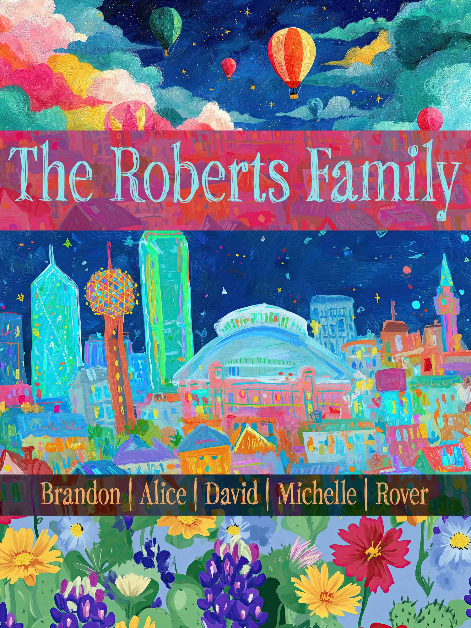 Colorful woven blanket featuring the Dallas skyline with hot air balloons, wildflowers, and personalized family name and names.