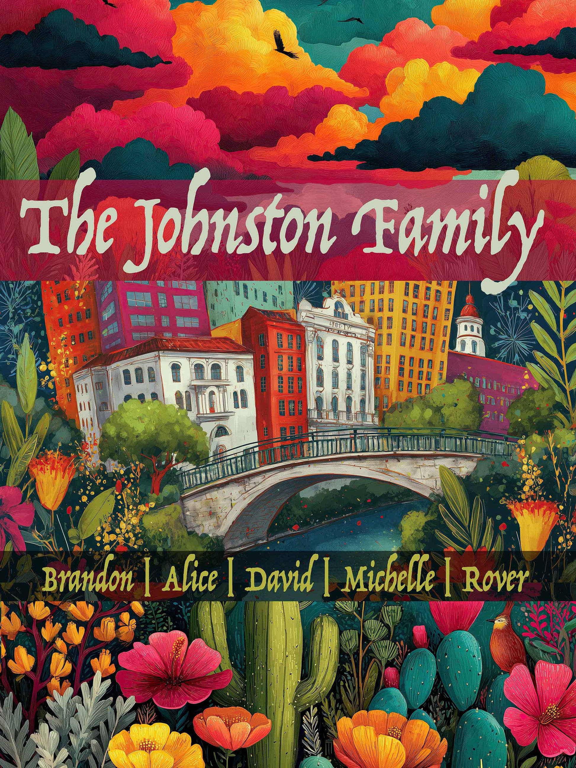 Colorful heirloom woven blanket with the San Antonio skyline, River Walk, blooming Texas wildflowers, and customizable family names.