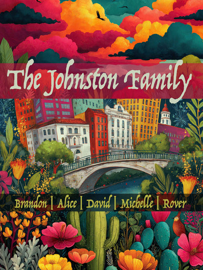 Colorful heirloom woven blanket with the San Antonio skyline, River Walk, blooming Texas wildflowers, and customizable family names.