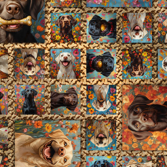Labrador Retriever blanket with floral patchwork and bone-shaped background, colorful and cozy Sherpa fabric
