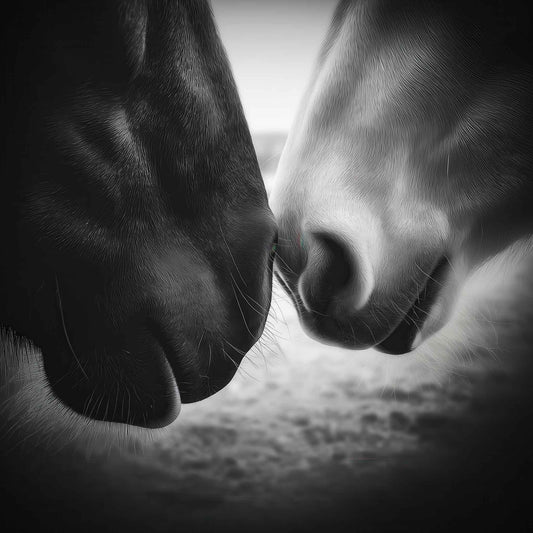 Light Meets Shadow is a Black & White Horse Canvas Print close-up of two horses touching noses – symbolizing trust, unity, and quiet connection.