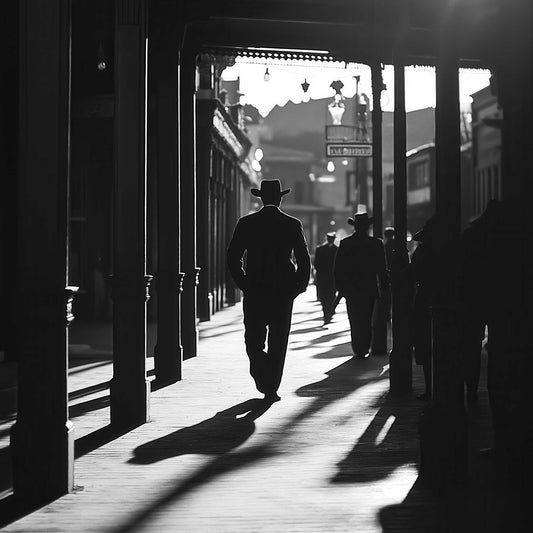 Canvas print of a silhouetted cowboy walking down a wooden sidewalk in a Western town, with long shadows and dramatic black-and-white lighting.