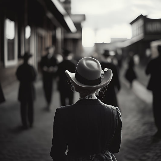 “New in Town” – Black and White Western Street Scene Canvas Print