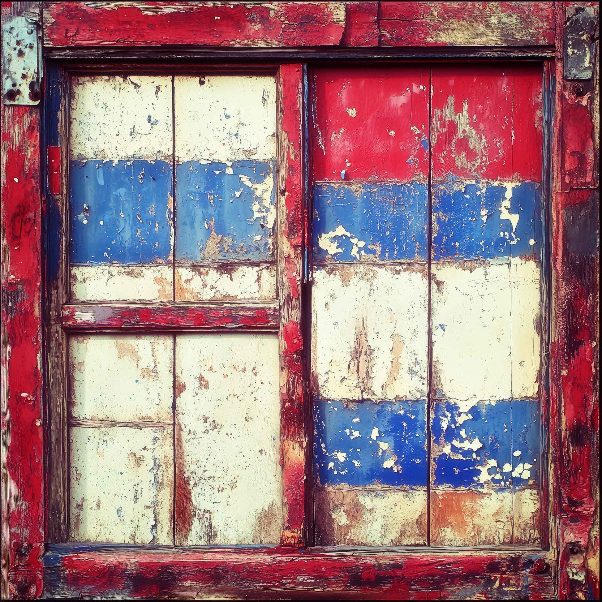 Weathered wooden window with red, white, and blue peeling paint in a rustic Western Americana style.