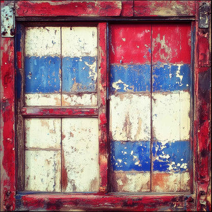 Weathered wooden window with red, white, and blue peeling paint in a rustic Western Americana style.