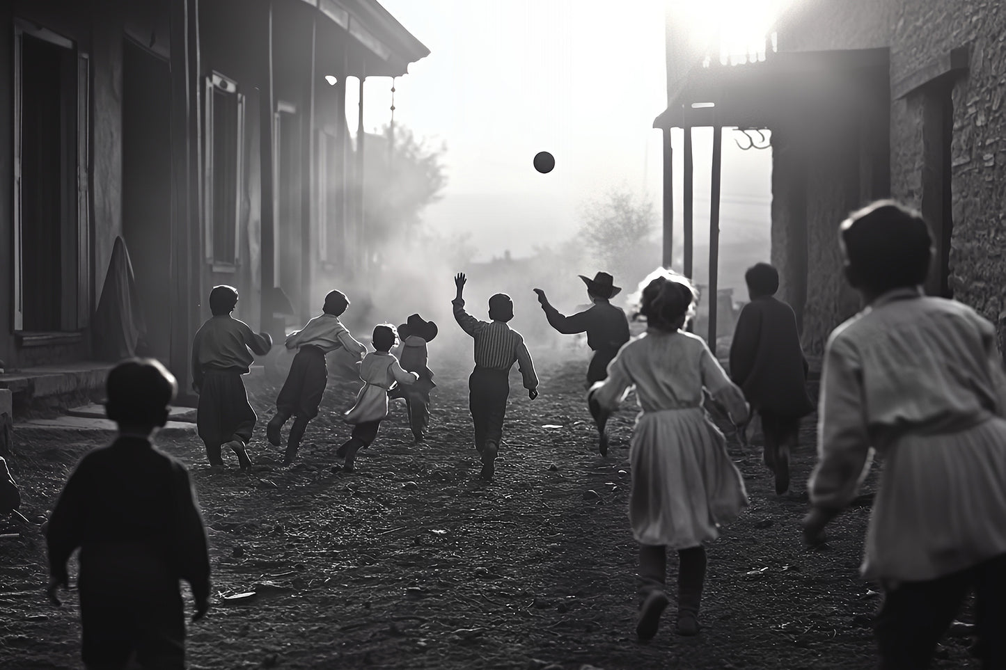 Black-and-white western street scene canvas print of children running and playing ball at sunset, capturing joyful movement and nostalgic charm. Stretched canvas art.