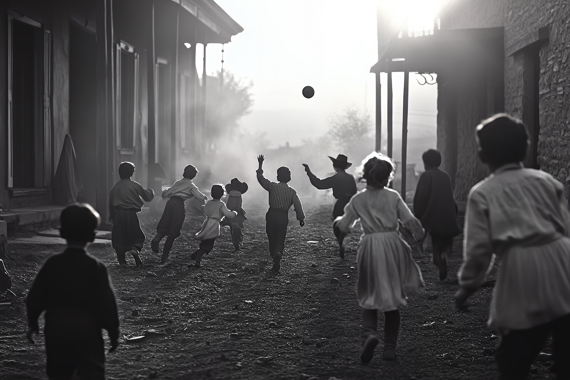 Black-and-white western street scene canvas print of children running and playing ball at sunset, capturing joyful movement and nostalgic charm. Stretched canvas art.