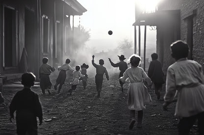 Black-and-white western street scene canvas print of children running and playing ball at sunset, capturing joyful movement and nostalgic charm. Stretched canvas art.