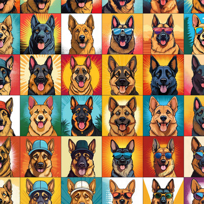 German Shepherd blanket with colorful pop-art style dog illustrations