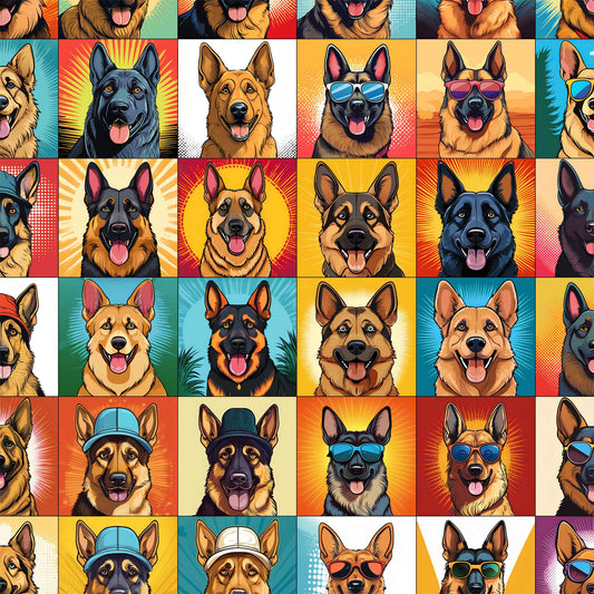German Shepherd blanket with colorful pop-art style dog illustrations