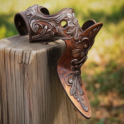 Canvas print of a close-up Western spur with floral engravings resting on a weathered fence post, captured in warm natural light.
