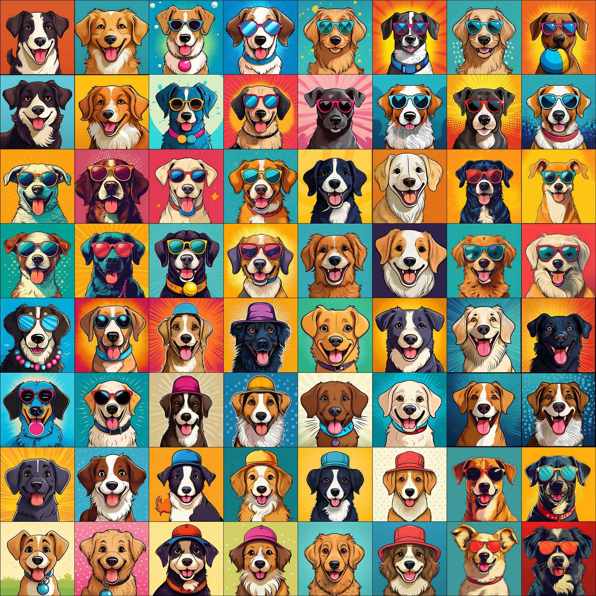 Mixed-breed dog blanket with illustrated smiling pups in patchwork style