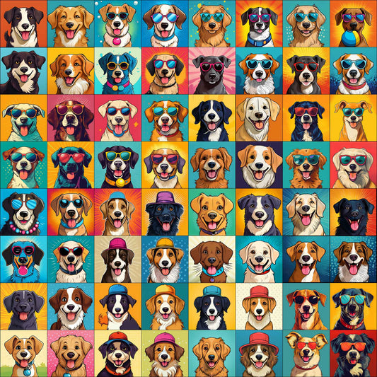 Mixed-breed dog blanket with illustrated smiling pups in patchwork style