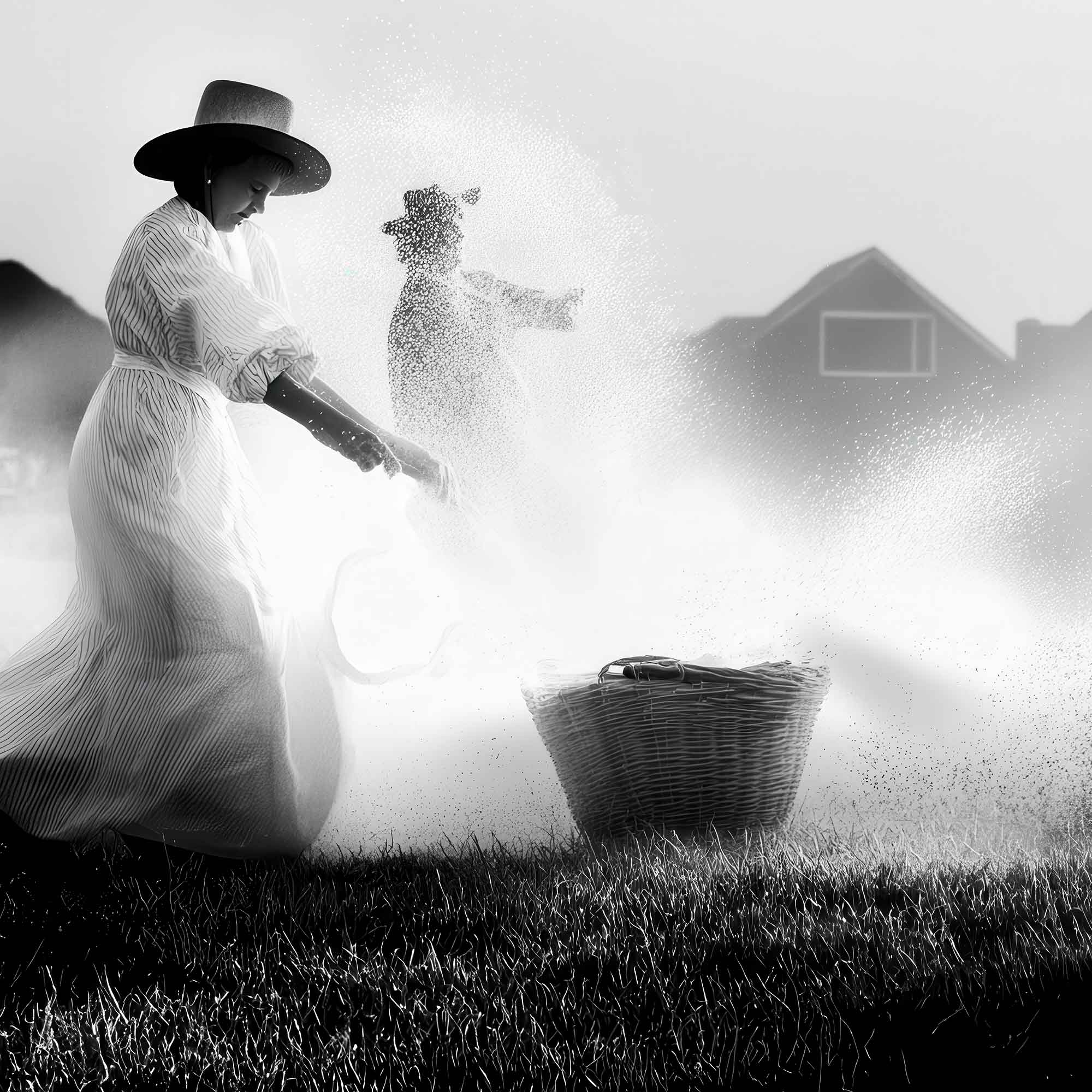 Black and white Western scene of woman happy and playing in the water, atmospheric Texas imagery